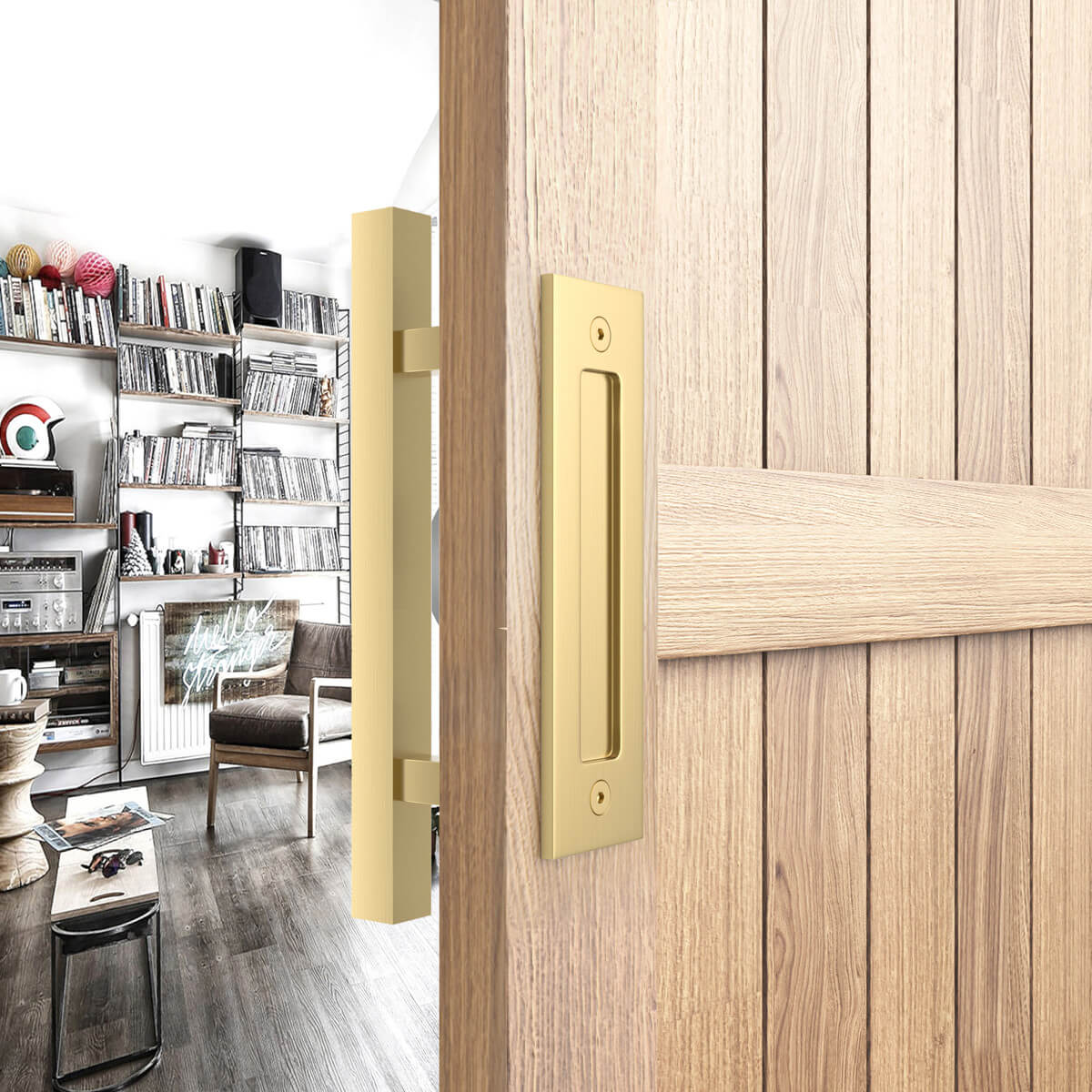 Brushed Gold Square Barn Door Handle Kit (Double Sided)